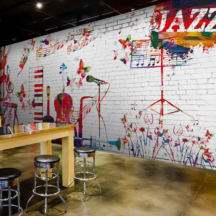 Фотообои 8D на заказ фрески с рисунком в стиле джаз музыка белые кирпичи для бара