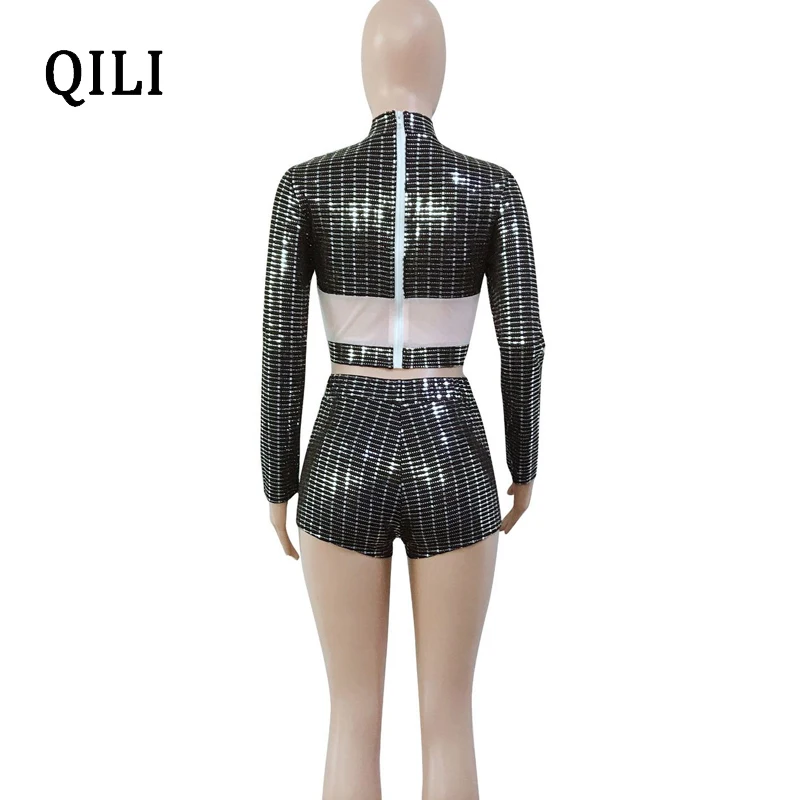 QILI Flash Sequined Комбинезоны женские комбинезоны с длинным рукавом из 2 частей Сетки