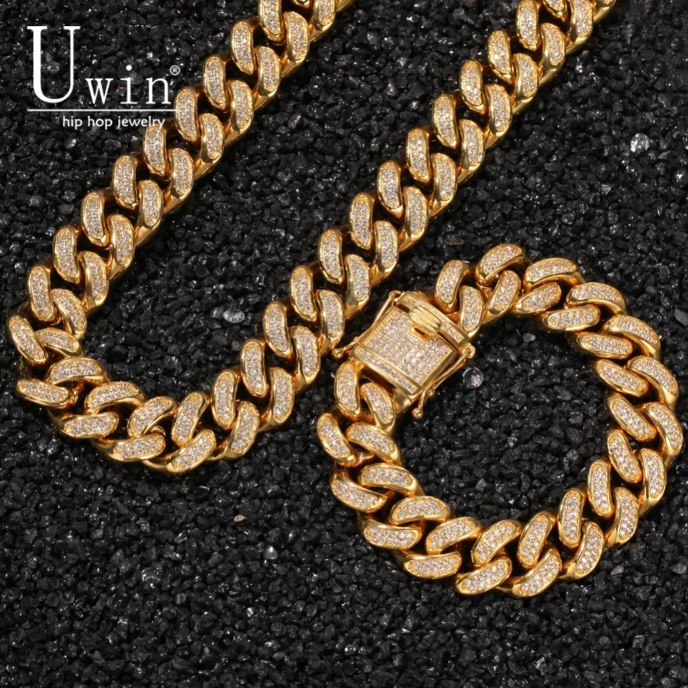 Кубинская цепь и браслет UWIN из нержавеющей стали ожерелье Майами 2 см с