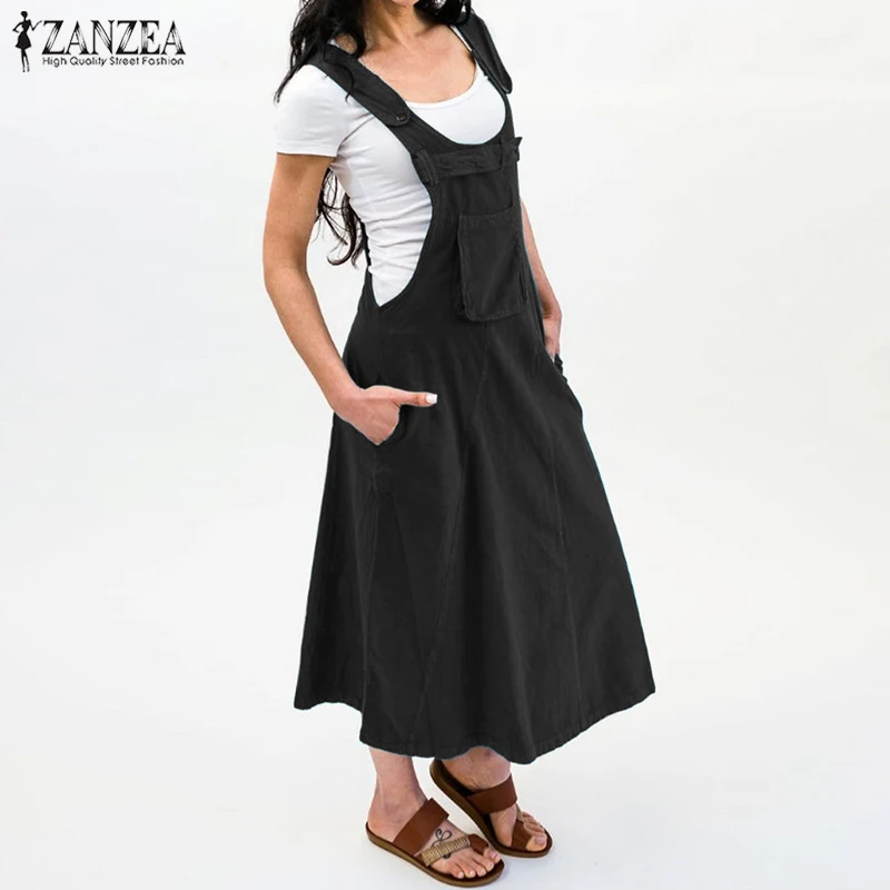 ZANZEA Summer Sundress Women Casual Suspenders Overalls Dress Vintage Solid Harajuku Dresses Vestidos Strapless Tunic Robe
