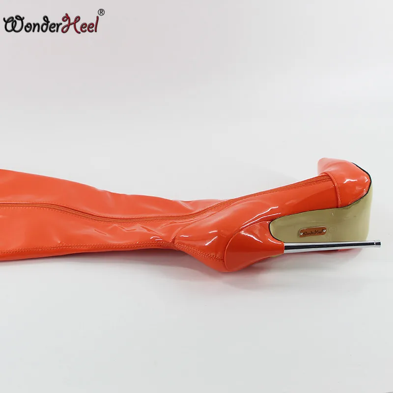 Wonderheel/Новинка пикантные оранжевые блестящие сапоги до колена на очень высоком