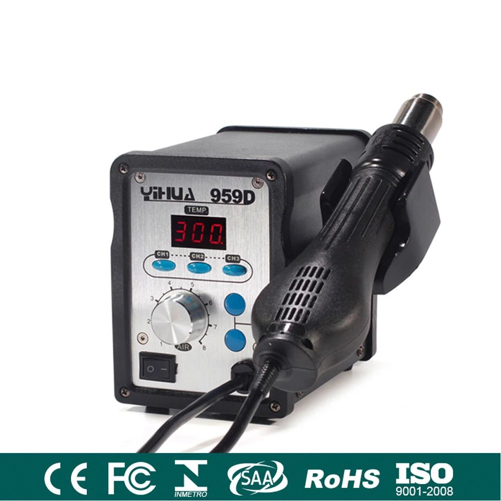 YIHUA 959D 220 В 650 Вт фена цифровая паяльная станция с функцией демонтажа паяльная станция+ 3 насадки