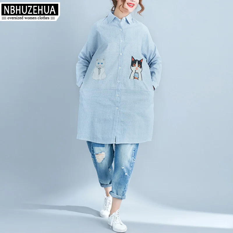 NBHUZEHUA A9 2018 весенние милые женские рубашки с вышивкой кота Большие размеры Длинные
