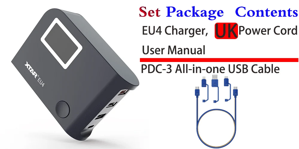 XTAR EU4 64 Вт QC3.0 зарядное устройство с ЖК-экраном 4 порта USB зарядное устройство для iPhone/samsung/Xiaomi портативное настенное зарядное устройство для путешествий - Цвет: EU4 UK Set