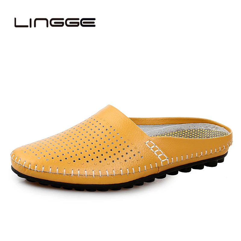 LINGGE/мужские тапочки ручной работы из спилка Летние лоферы с полой подошвой