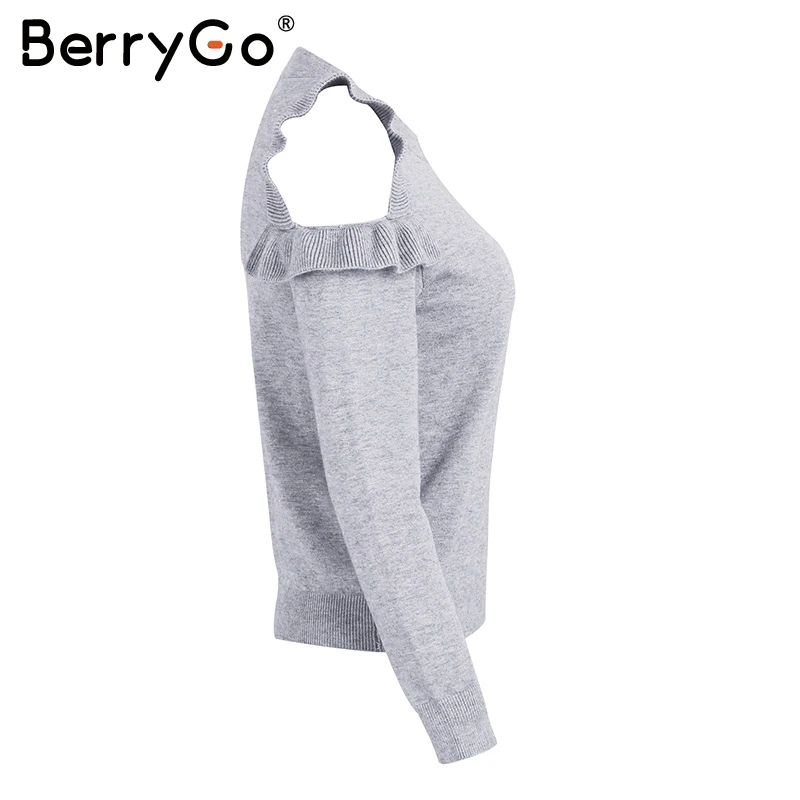 BerryGo Casual cold shoulder knitted sweater women Elegant Ruffle pink stringy pullover female Autumn winter jumper 2018 | Женская