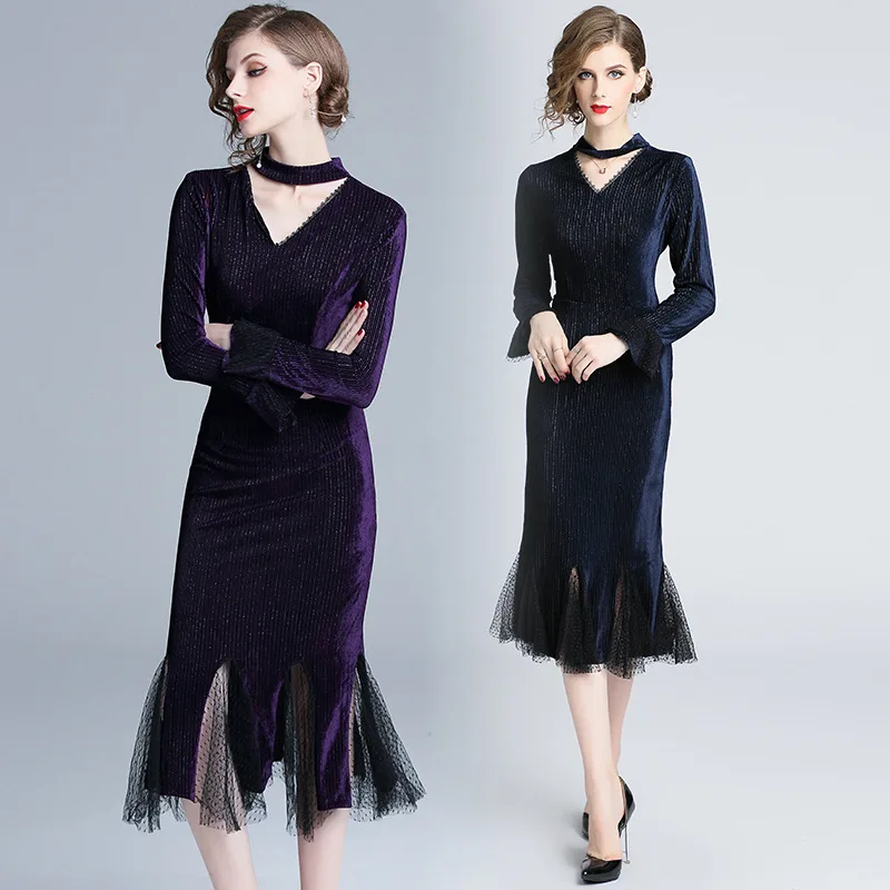 Женское осеннее фиолетовое платье повседневное Брендовое с длинным рукавом