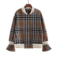 authentic fashion fat mm large size womens 2018 winter new short wool baseball uniform plaid jacket top loose