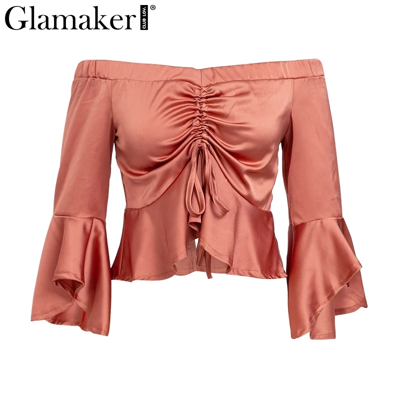 Glamaker Drawstring ruffle с открытыми плечами блузка рубашка женская сексуальное, рукав-фонарик вечерние обрезанный женский топ летняя уличная трубка топ