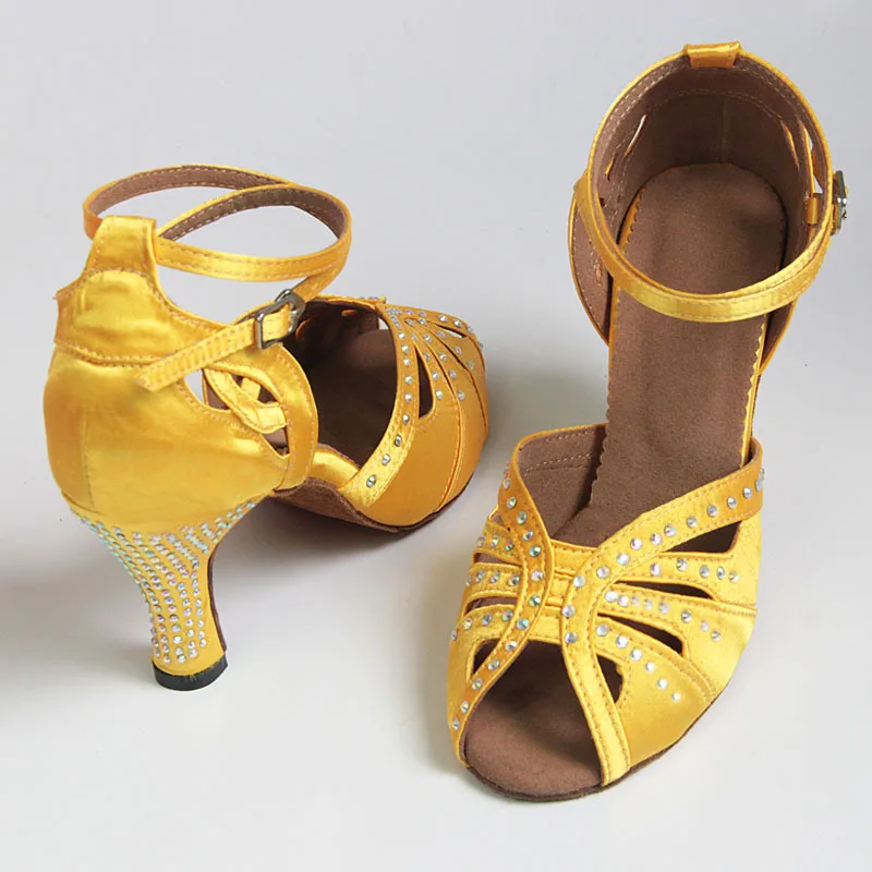 DILEECHI Новинка женские атласные туфли желтого цвета для латиноамериканских танцев