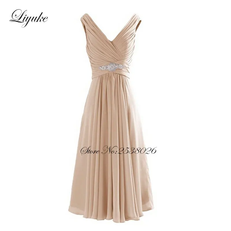 

Liyuke Chiffon V-Neckline Knee-length Bridesmaid Dresses Formal Dress Ruched Pleats Sleeveless Elegant A-Line Short Dress