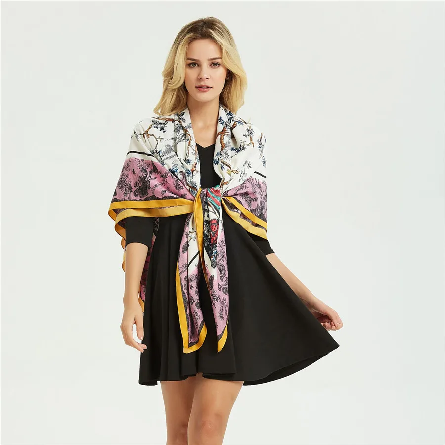 Summer Silk Twill Pashmina New Animal Forest Square Echarpe 130cm Oversize Chic Shawl Elegant Scarves Female Kerchief Print Wrap |