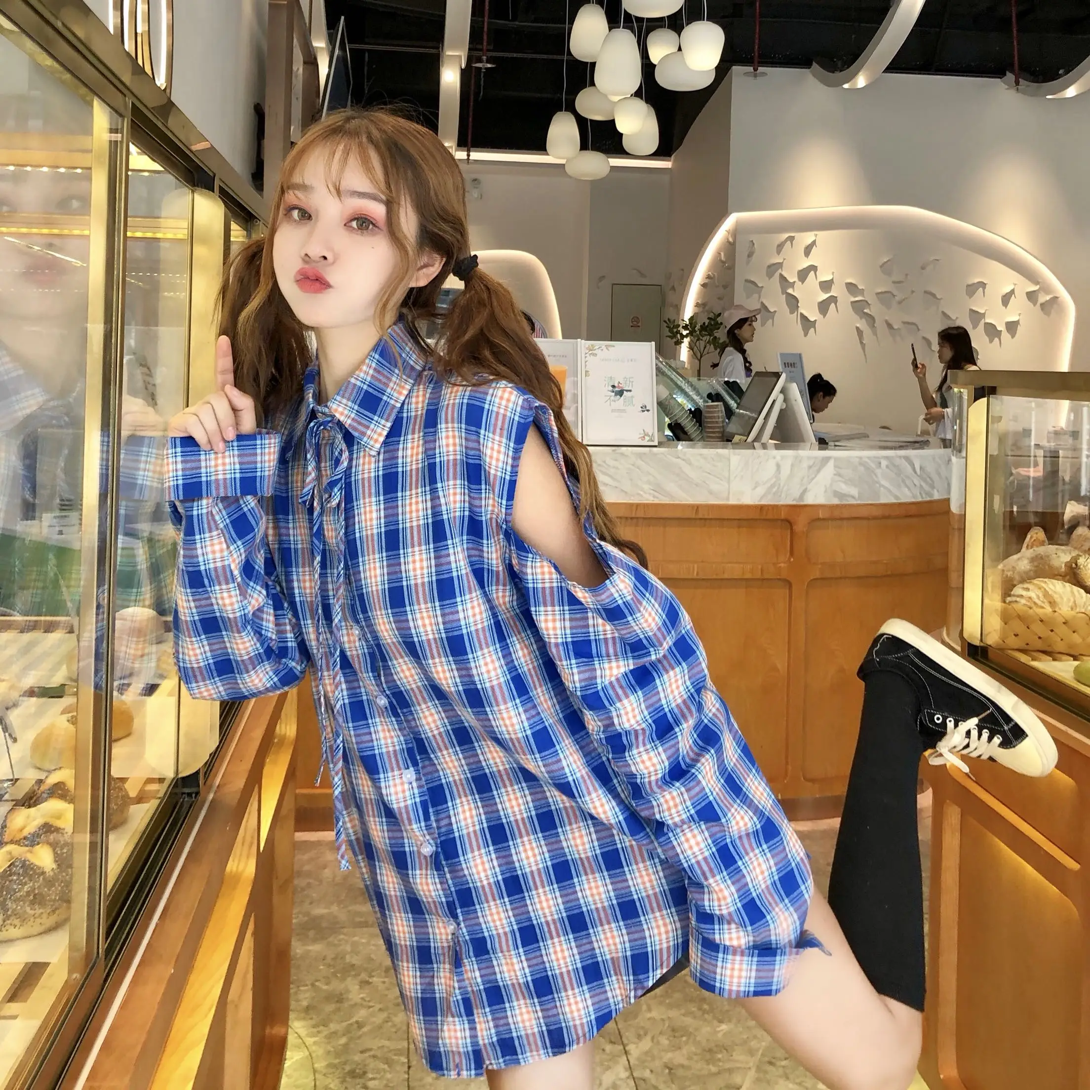 Платье-рубашка женское в клетку свободное корейское летнее синее фиолетовое
