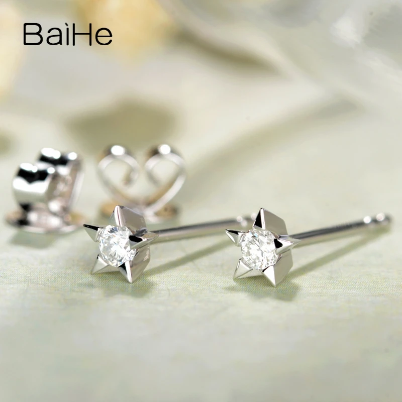 BAIHE Genuine Solid 14K White Gold Diamond Earrings Anniversary Trendy Star Stud Fine Jewelry Making Birthday Present | Украшения и