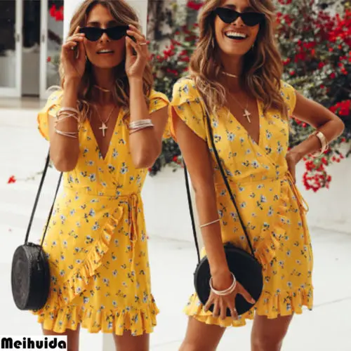 

Women Sexy Summer V Neck Bandage Bodycon Yellow Floral Print Mini Dress Boho Ruffles Beach Sundress