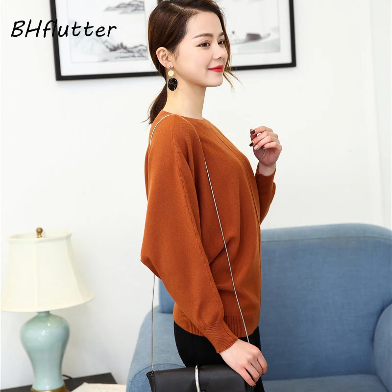Женский кашемировый свитер BHflutter повседневный вязаный джемпер с рукавом летучая