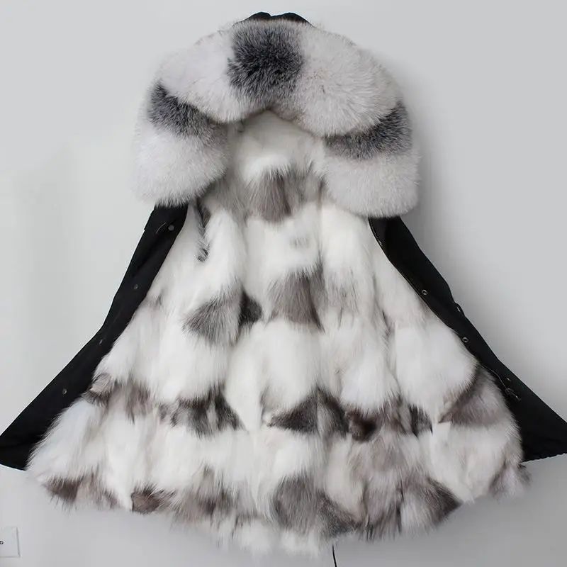 New Fashion Winter Women Real Fox Fur Coat Outerwear Female Naturel Fox Fur Collar Hooded Warm Thicken Jacket Plus Size H12
