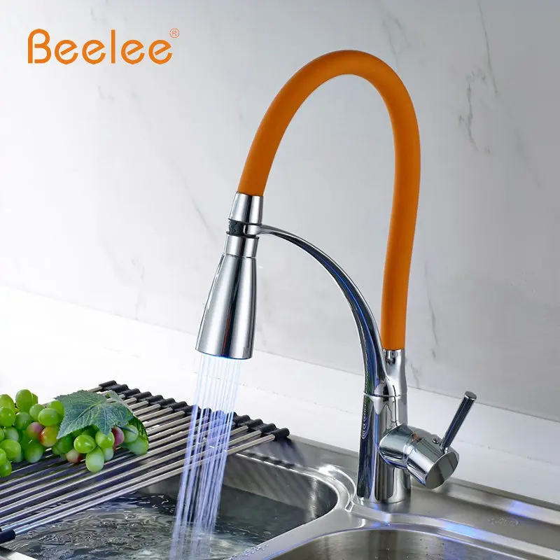 Beelee кухонный кран выдвижной хромированный оранжевый цвет 360 градусов