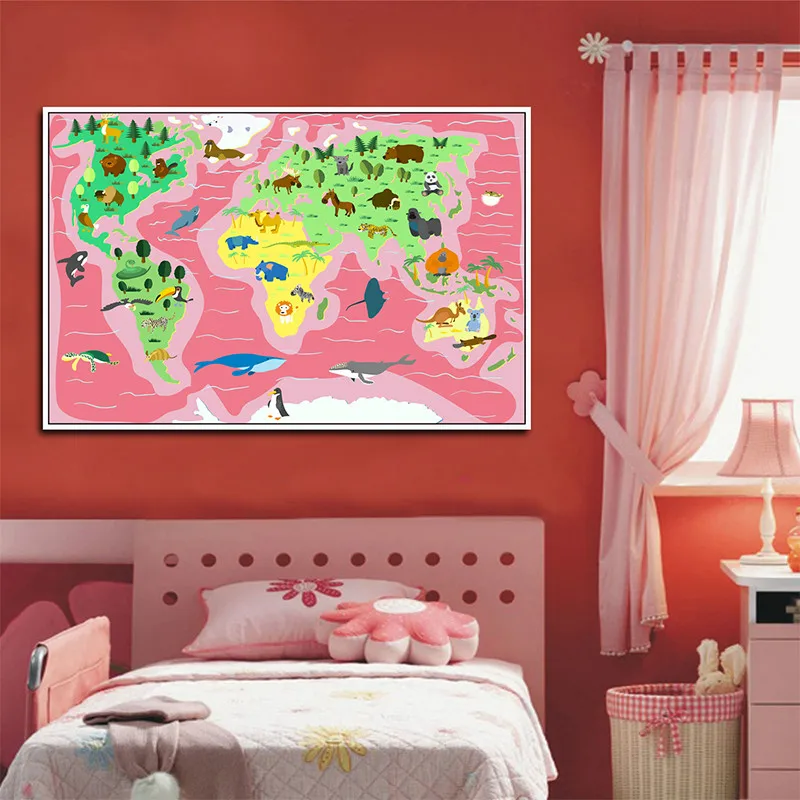 Холст Художественная печать постер мультфильм детей Kawaii животные карта мира