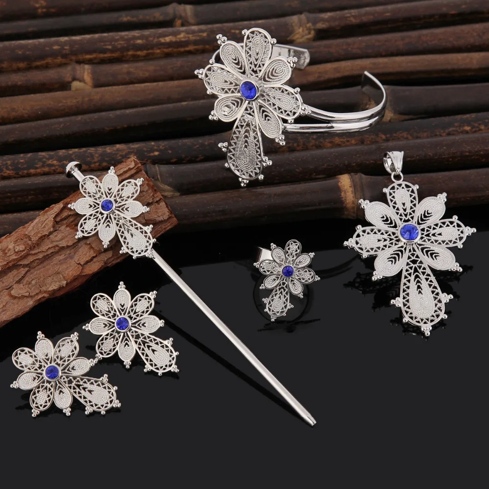 Bangrui Bright Silver Ethiopian Cross Pendant/Hairpin Earrings/Ring/Bangle Jewelry Africa Bride Wedding Eritrea | Украшения и