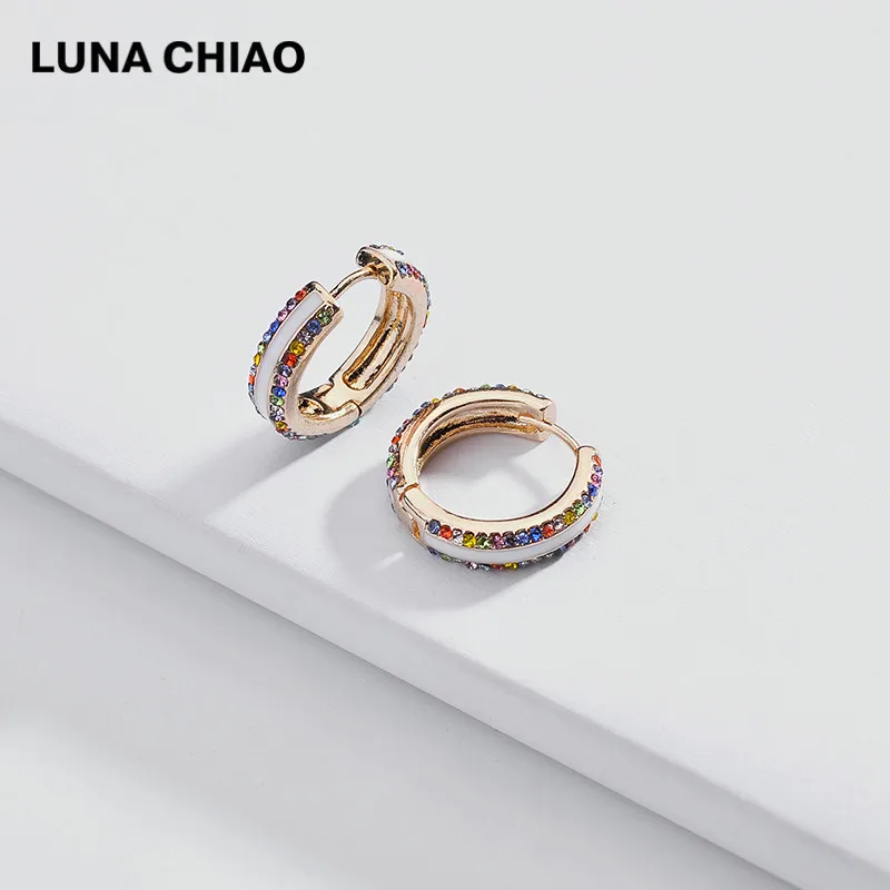 LUNA CHIAO, модное ювелирное изделие, медные мини серьги-кольца из сплава, радужные кристаллы, маленькие серьги-обручи для женщин
