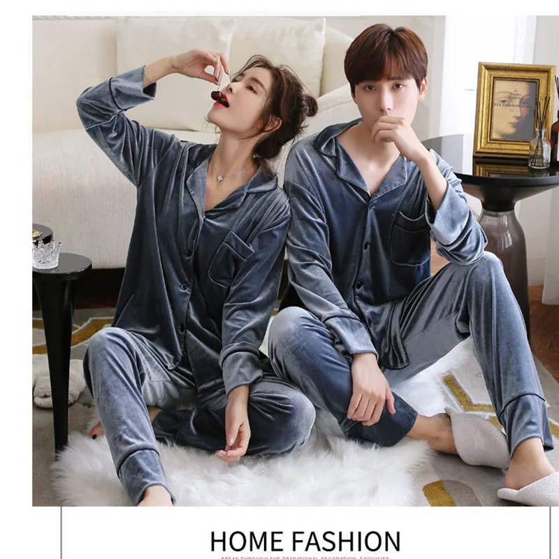 Комплект пижам для пар одежда сна милые пижамы женщин и мужчин золотой бархатный