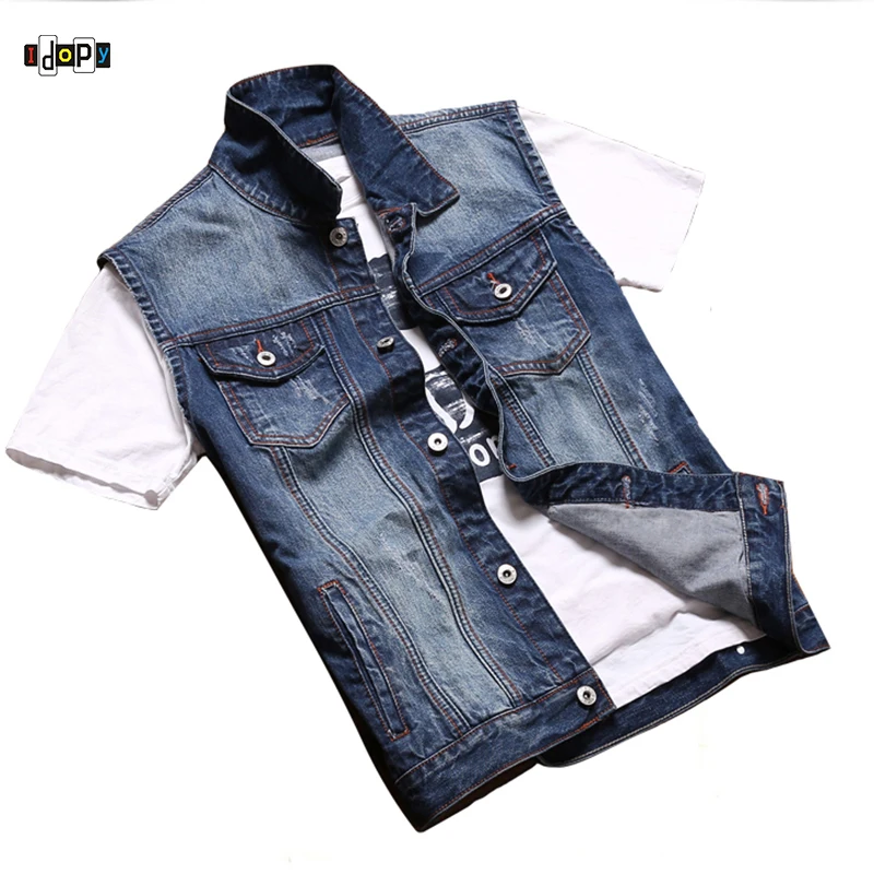 Idopy классический джинсовый жилет Для мужчин Slim Fit без рукавов куртка жилетка