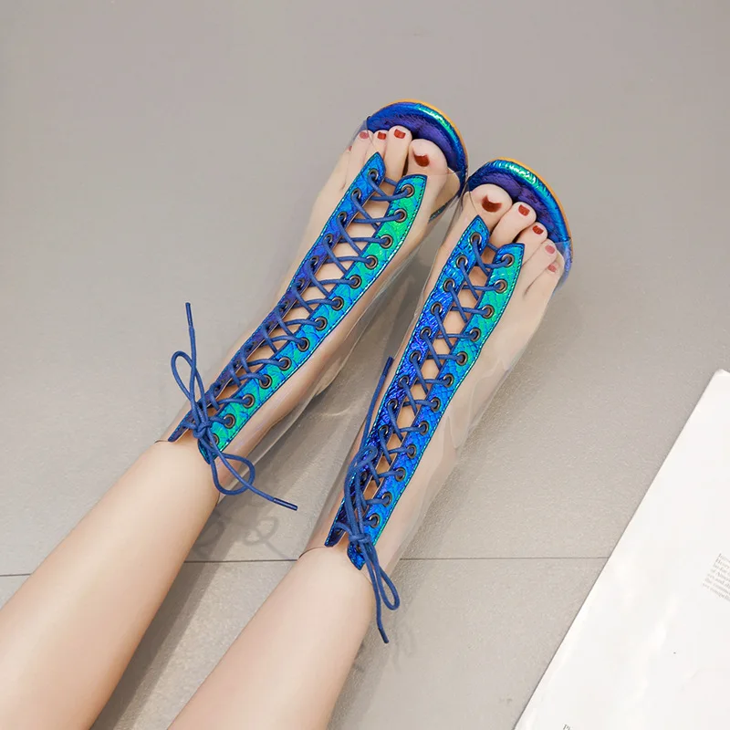 Summer Sandals Sexy PVC Transparent Gladiator Sandals Cross Strappy Peep Toe Shoes Clear Chunky heels Women Ankle boots