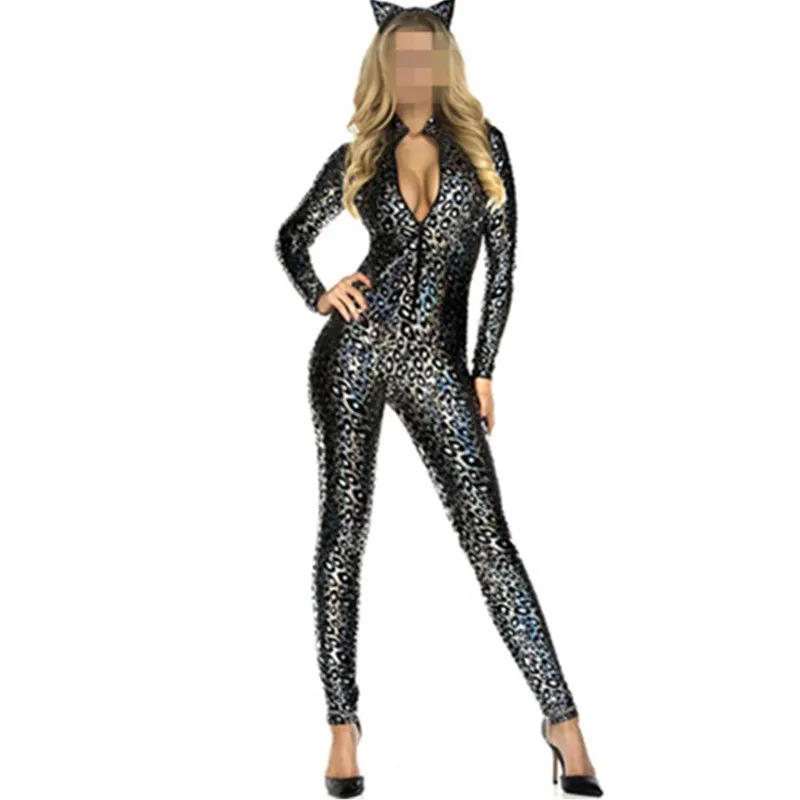 2017 сексуальный латексный комбинезон из искусственной кожи с леопардовым принтом