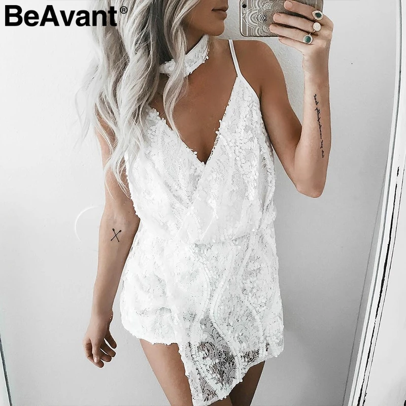 Beavant v образным вырезом Холтер блестками кружевной комбинезон Для женщин без