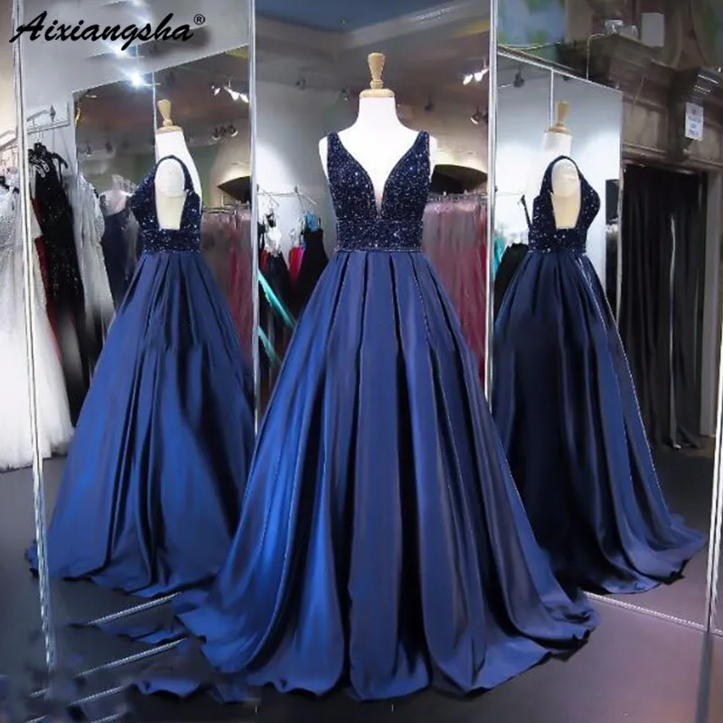 

Navy Blue Beaded Prom Dresses V Neck Real Photo Hollow Sleeveless Floor Length V Neck Satin Cheap Prom Gowns