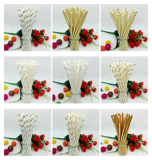 25 шт./лот Фольга Золотая серебряная соломинка Однотонная синяя Роза питьевая