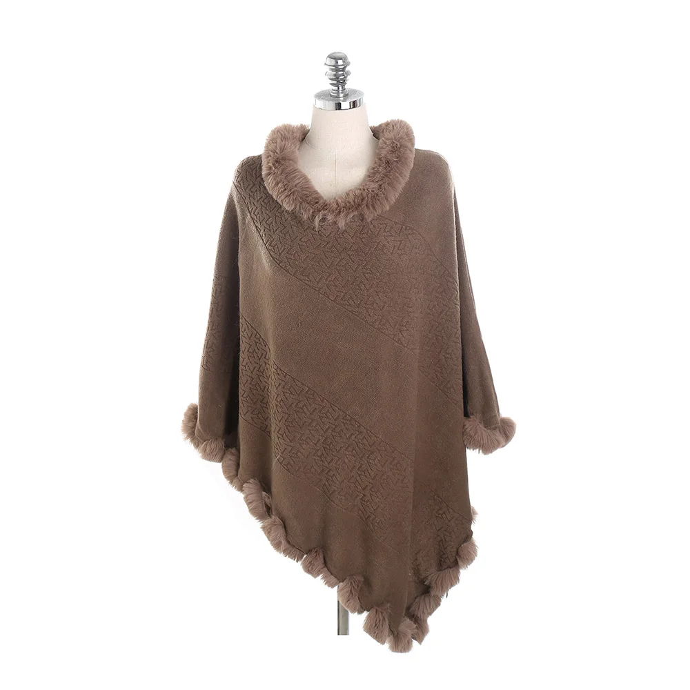 Khaki Poncho FS пуловер с меховым воротником, розовые кашемировые пончо и накидки, шаль из пашмины с помпоном, теплое винтажное одеяло, шарф, накидка для женщин - Цвет: Khaki Poncho