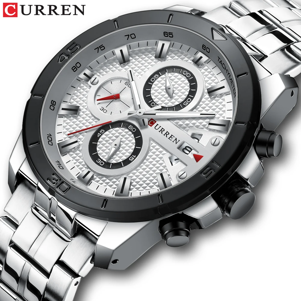 

CURREN Silver Steel Quartz Watches Men Date Chronograph 30m Waterproof Military Sport Analog Wrist Watch Clock Relogios Dropship