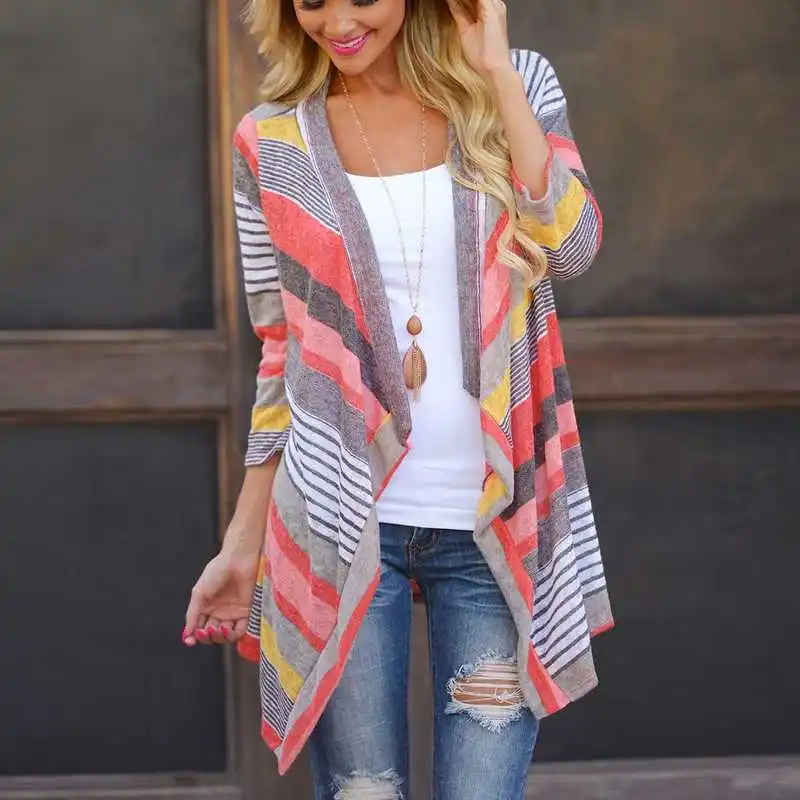 

New Striped Print Boho Cardigan Women Red Outwear Knitted Casual Vintage Jacket Coat Tops Loose Sweater Plus Size Irregular