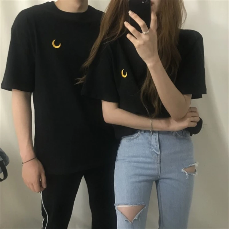 Harajuku Chic Луна вышивка футболка для Для женщин короткий рукав свободные летние унисекс футболки