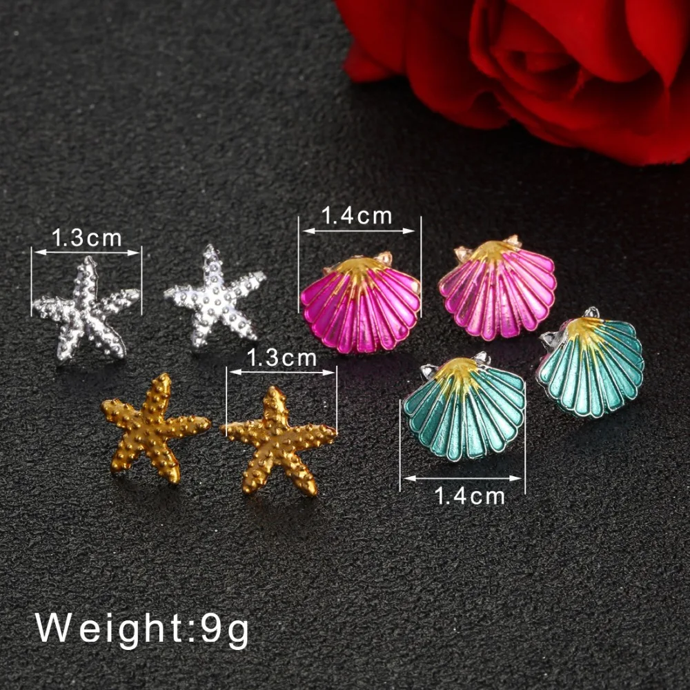 4Pairs/set 2018 Trendy Colorful Conch Stud Earring Seashell Earrings Women Beach Starfish Set Bohemian Jewelry | Украшения и
