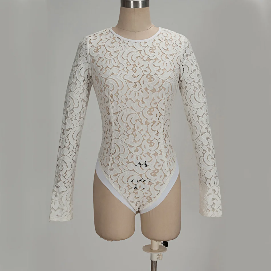 B141 пикантные JLo белые длинные рукава с круглым вырезом Sheer Lace Bodysuit | Женская одежда