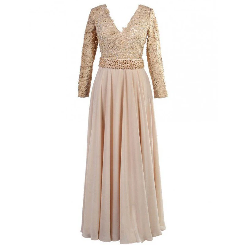 Новое Прибытие Шампанское мать Невесты Платье V Шеи Аппликации С Длинным Рукавом