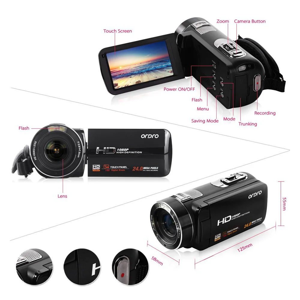 [Авторизованный Дистрибьютор] Ordro Z8Plus FHD 1080P 3-дюймовый сенсорный экран 24 МП 16X зум DV