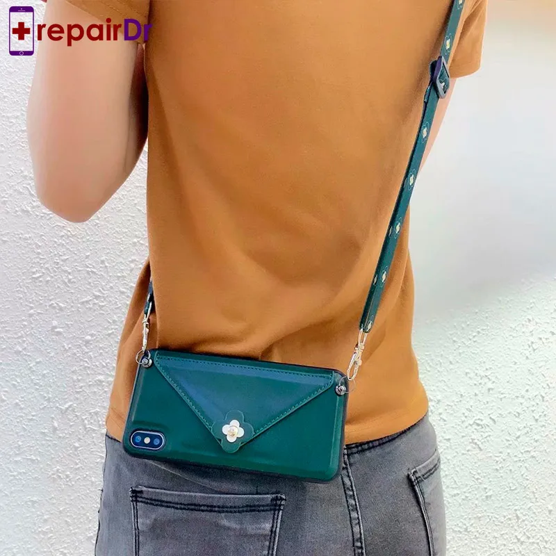 Green Кредитная карта чехол для телефона ремешок для кошелька Кроссбоди Длинная цепочка для iPhone 7 8 плюс Камелия чехол для телефона для iPhone X XR XS Max чехол - Цвет: Green