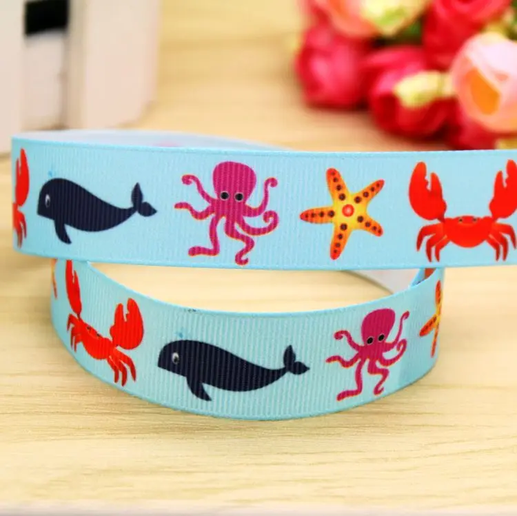 7/8 ''Бесплатная доставка морской принт с животными лента для волос бант