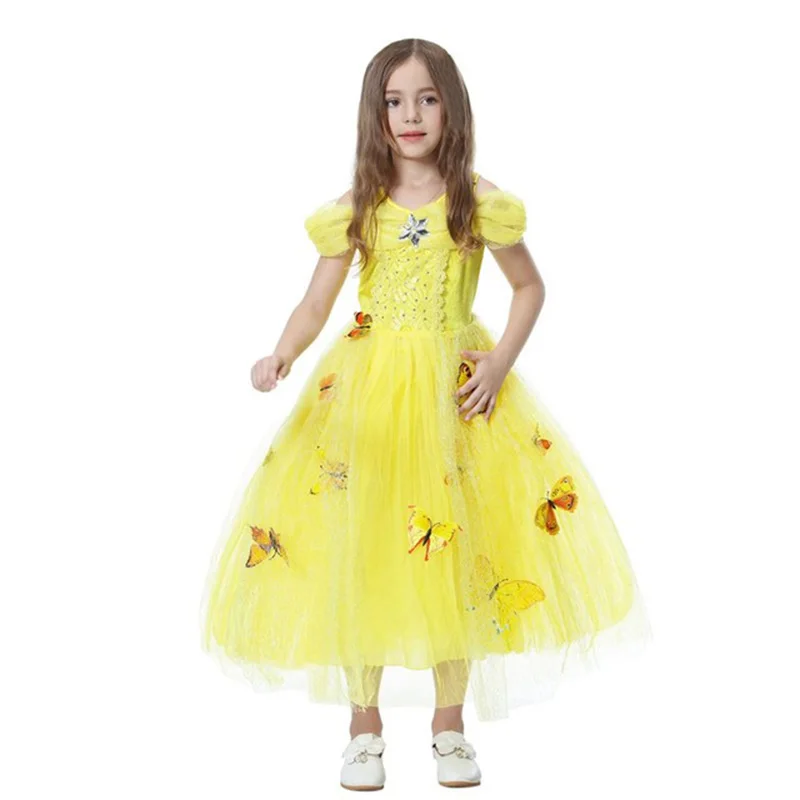 03 Yellow Dress Only Платье Золушки для девочек платье бальное платье для детей с вышитыми бабочками Эльза, Белль карнавальный костюм принцессы для Хэллоуина День рождения - Цвет: 03 Yellow Dress Only