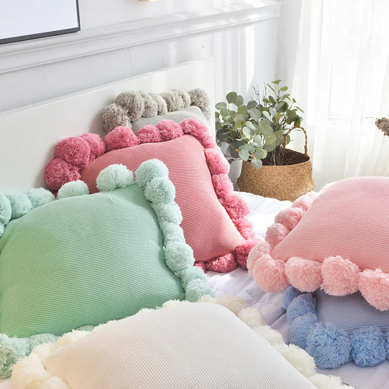 45x45cm solid Ivory/pink/rose/green/blue cotton wool knitted cushion cover throw pillowcase big balls lumbar pillow | Дом и сад