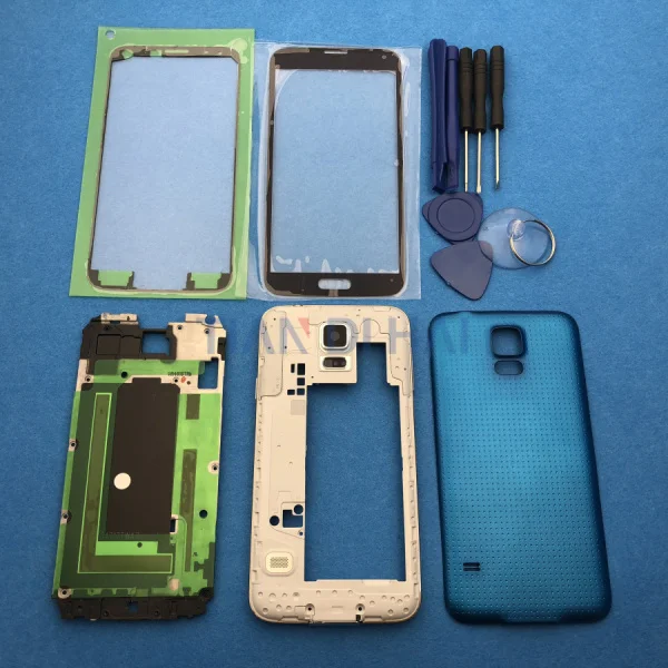Синий Полный чехол для samsung Galaxy S5 SV G900 I9600+ внешнее стекло+ наклейка+ Инструменты - Цвет: Синий