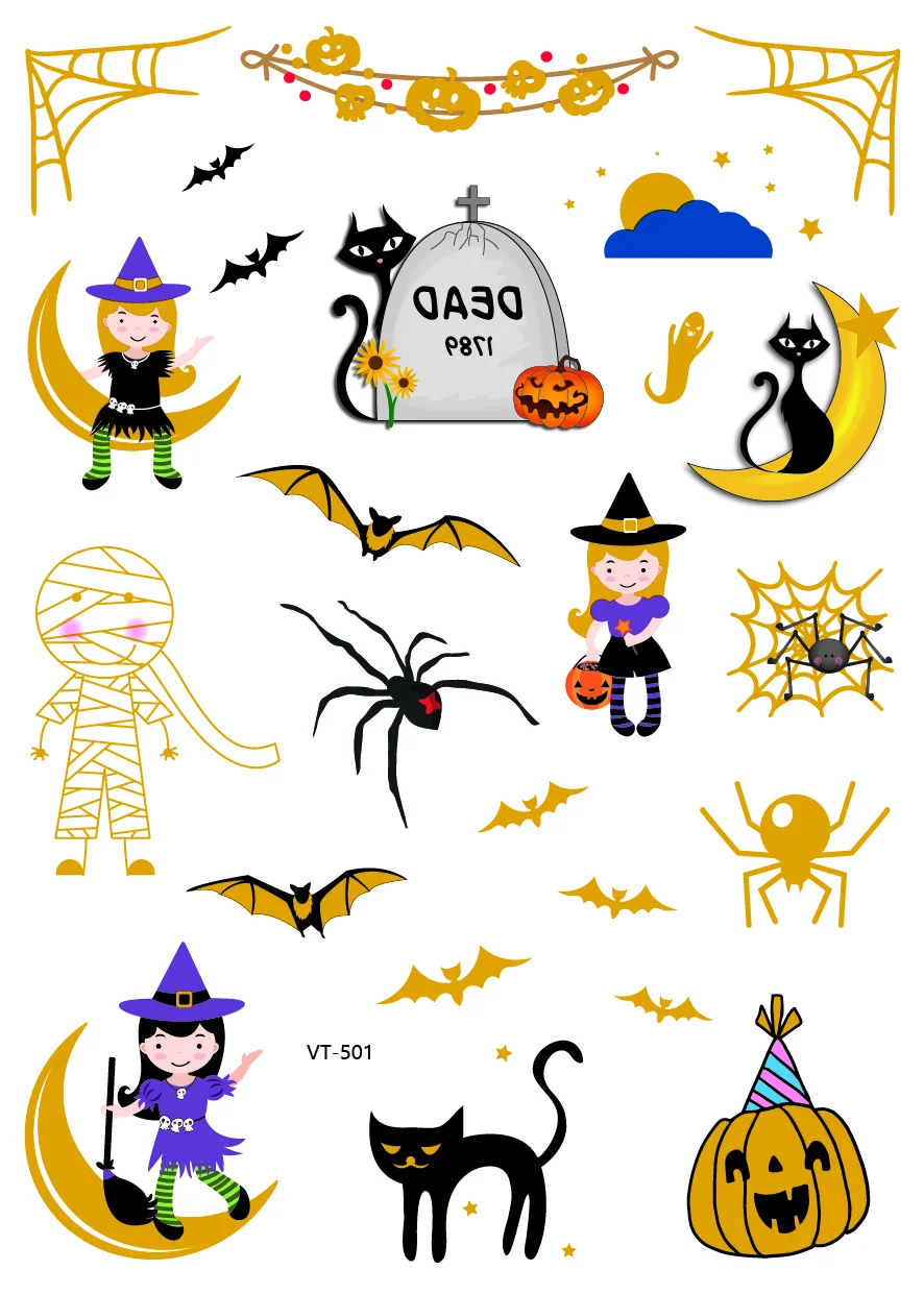 VT501/модные временные золотые татуировки для Хэллоуина водостойкие металлические