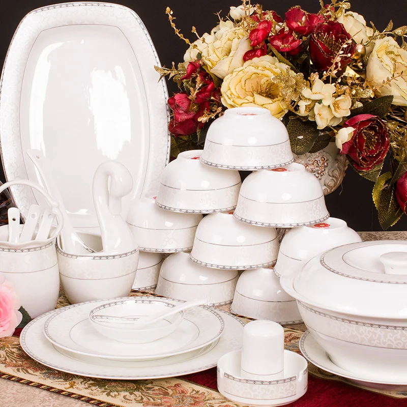 Red Peony Modern Minimalist 56 Head Bone China Tableware Set Ceramic Bowl Dish Dishes | Дом и сад