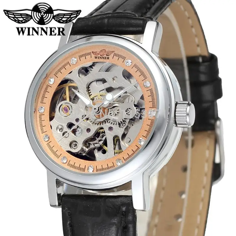 

WRL8048M3S9 Latest Winner Automatic skeleton women silver color with gift box dress watch leather strap factory company