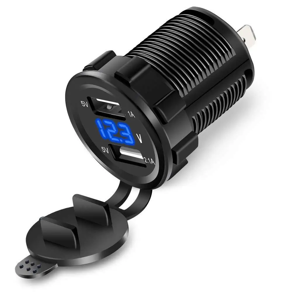 Автомобильное зарядное устройство с двумя USB разъемами 1A & 2.1A синий светодиодный