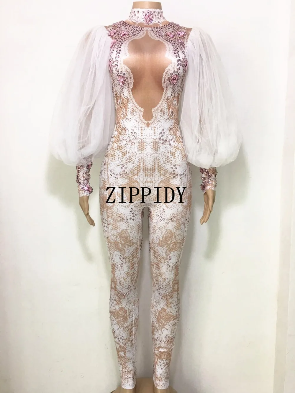 White Lace Sleeves Pink Rhinestones Jumpsuit Big Crystals Printed Bodysuit Women's Birthday Celebrate Female Singer Stage Wear | Женская
